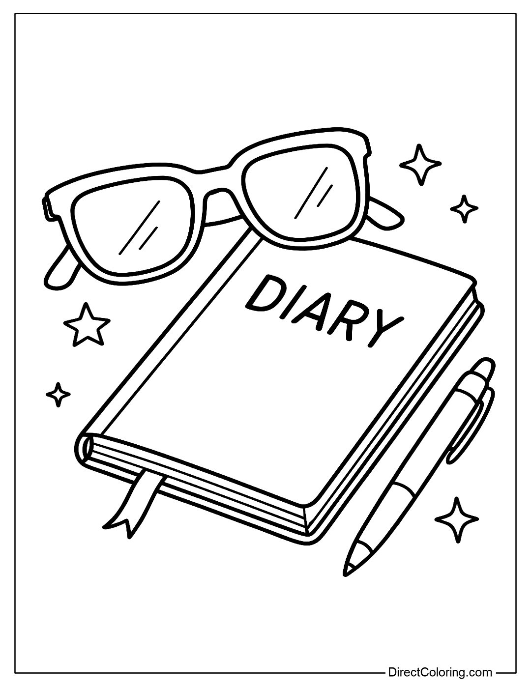 coloring page Sunglasses placed next to a diary and pen, suggesting a travel atmosphere
